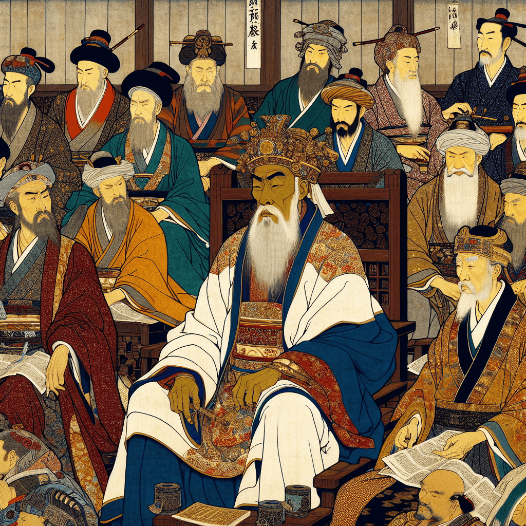 Create an image depicting King David surrounded by his descendants, illustrating the legacy and impact of his lineage through a vibrant and historical lens.