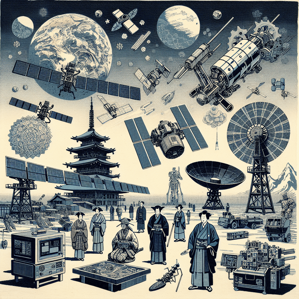 Create an image showcasing various practical applications and innovations in space technology, including satellites, space exploration, advanced robotics, and communication systems.