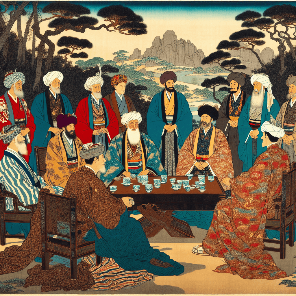 Create an image depicting a group of monarchs from different Middle Eastern countries united in a peaceful setting, symbolizing their collaborative efforts to prevent conflict escalation and promote compassion in the region.