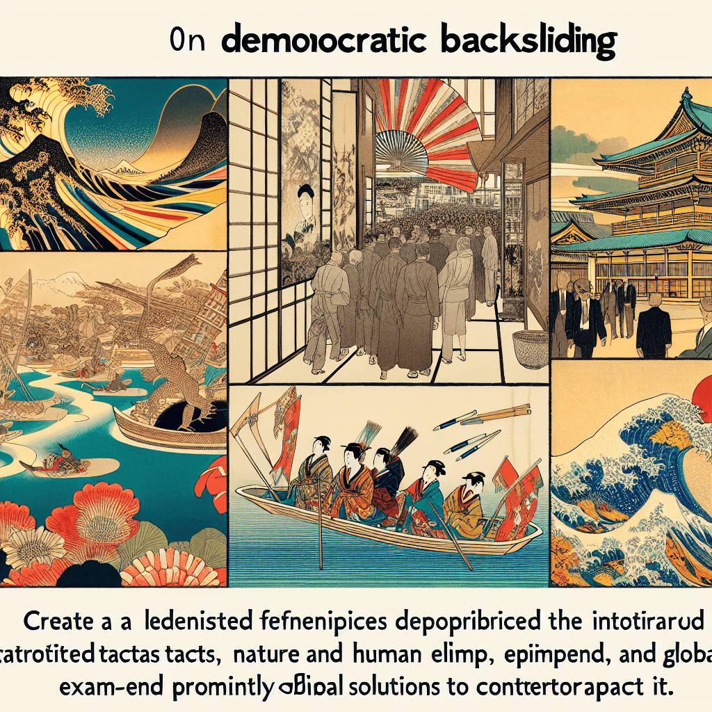 Create an image depicting the concept of democratic backsliding, illustrating various tactics used, global examples, and potential reforms to counteract it.