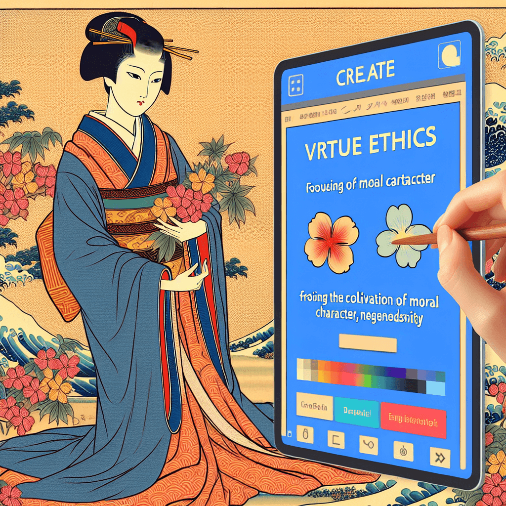 Create an image depicting the concept of virtue ethics by illustrating the cultivation of moral character, with a focus on generosity, in a modern digital setting.