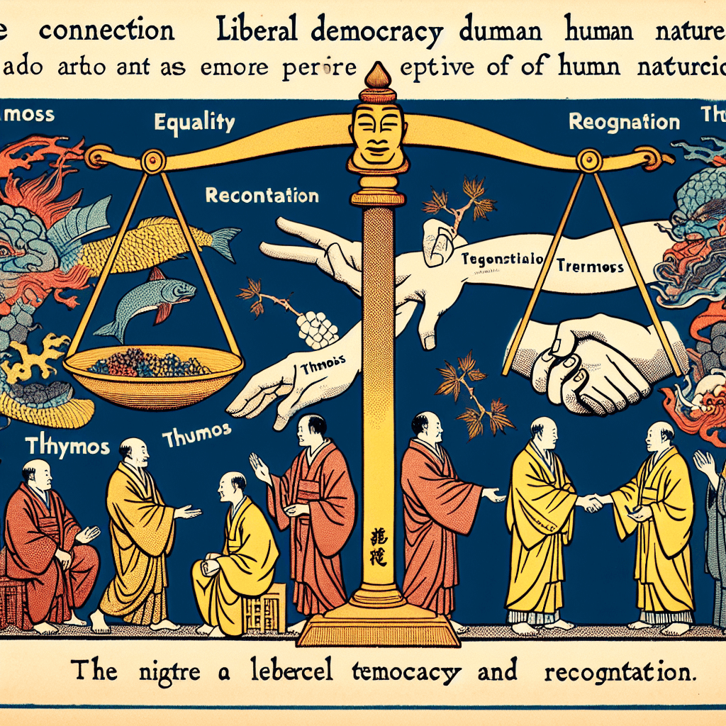 Create an image illustrating Fukuyama's connection between liberal democracy and human nature, focusing on the concepts of thymos and recognition.