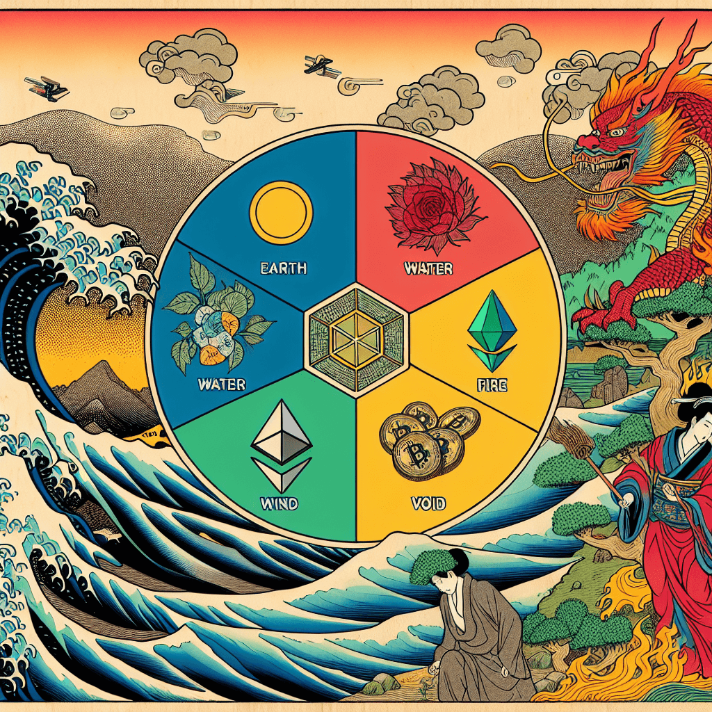 Create an image that combines the five elements of Godai (Earth, Water, Fire, Wind, Void) with elements of cryptocurrency.