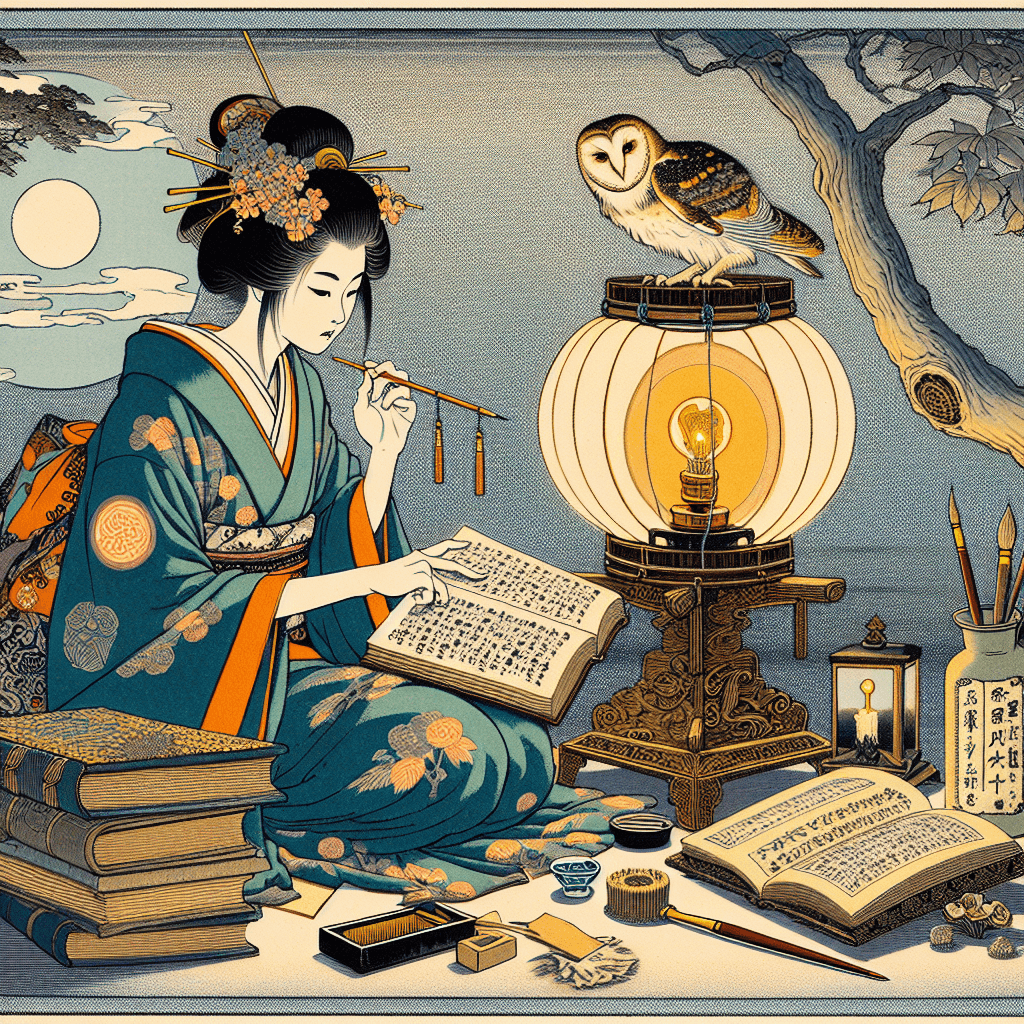 Create an image depicting a night of discovery with the character Lilith, focusing on themes of philosophy and creativity.