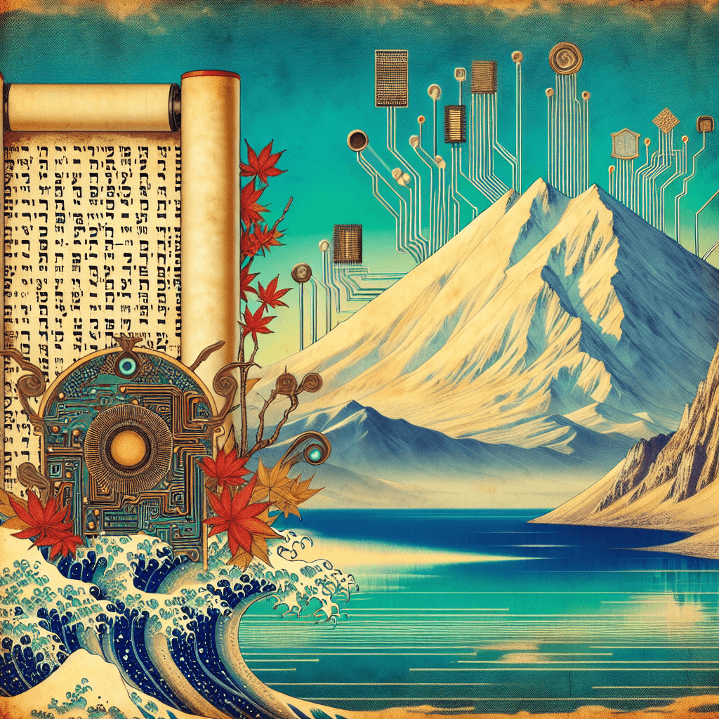 Create an image that juxtaposes ancient mystical texts with modern AI technology, symbolizing the connection between the Sefer Yetzirah and contemporary generative models.