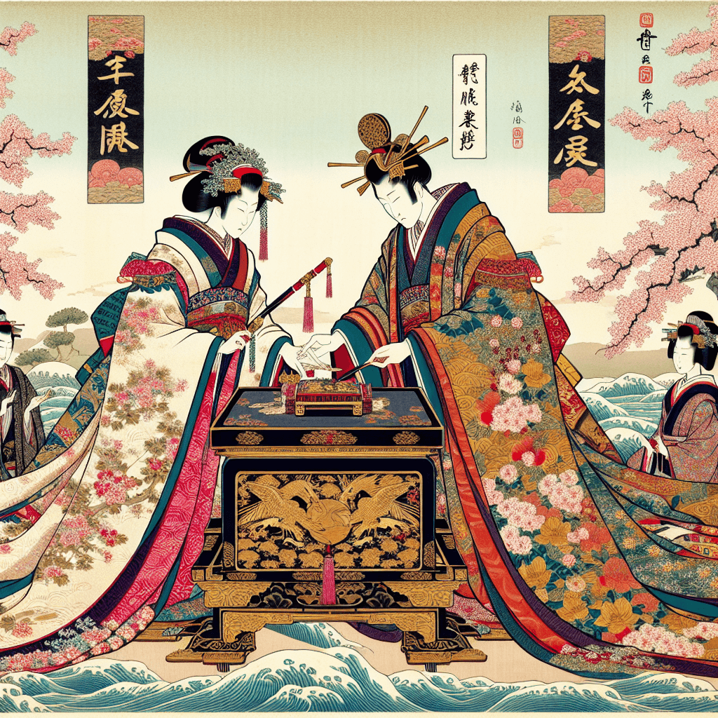 Create an image depicting two regal monarchs in a symbolic wedding ceremony, representing a union aimed at fostering global unity and harmony.