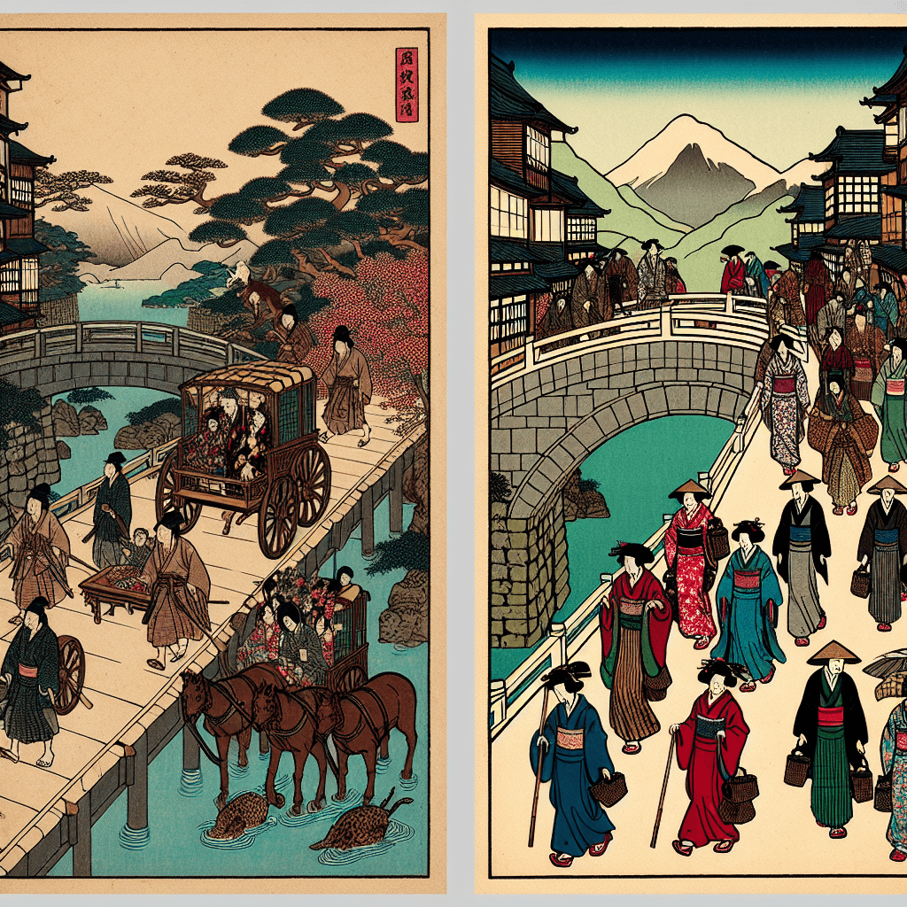 Create an image that compares and contrasts the pilgrimages in 'Journey to the West' and 'The Canterbury Tales'.