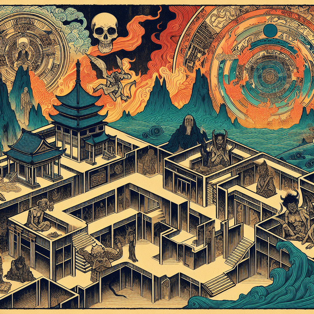 Create an image depicting the evolving architecture of Hell, showcasing mythic blueprints from different eras and cultures, blending ancient and modern elements in a surreal, otherworldly landscape.