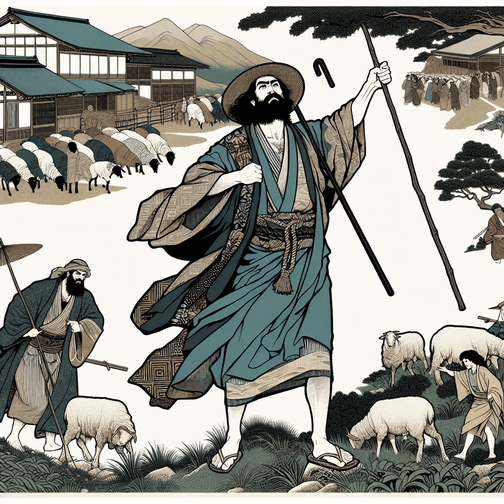 Create an image depicting Prophet Amos, a shepherd, passionately protesting against social injustices.