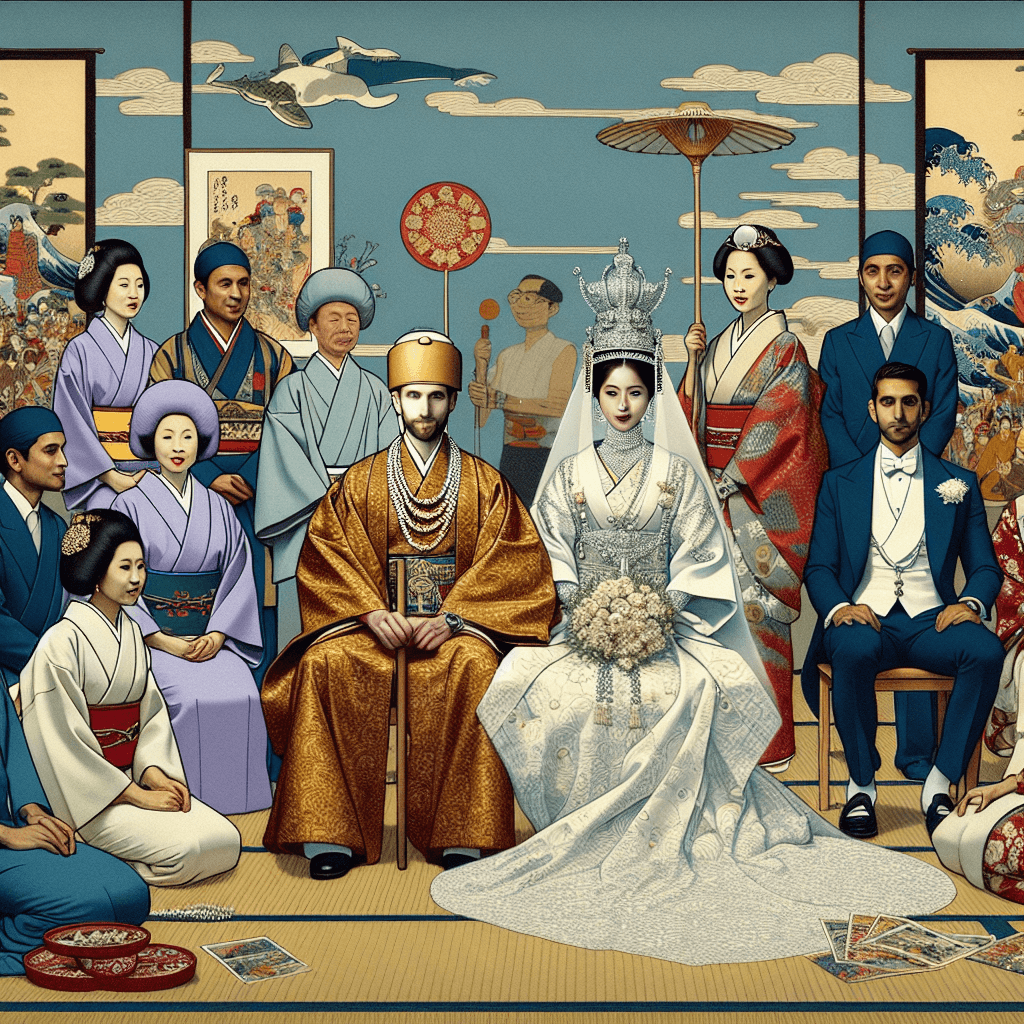 Create an image depicting a modern royal wedding that symbolizes diplomatic alliances, highlighting the blend of tradition and contemporary elements that emphasize the strategic importance of such unions in today's international relations.