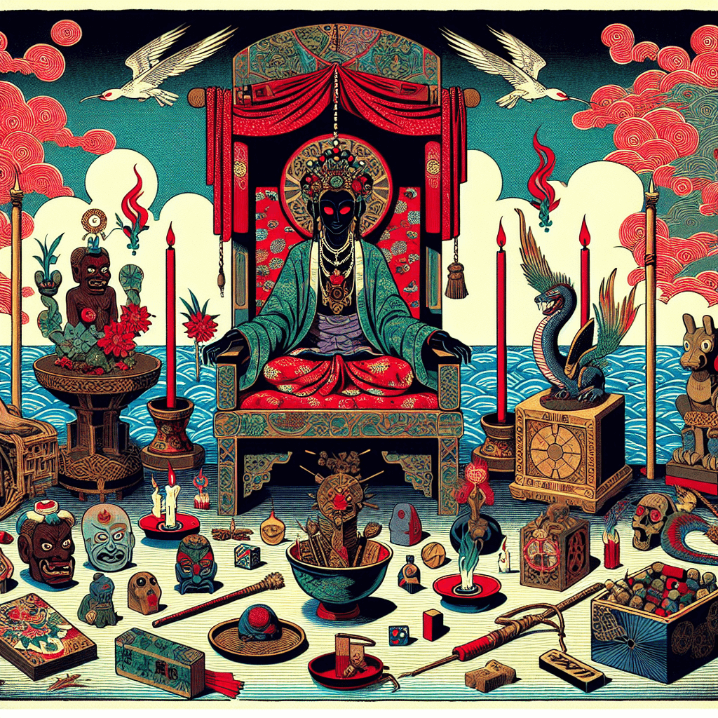 Create an image depicting the vibrant and mystical elements of Voodoo, capturing its core beliefs and spiritual world.