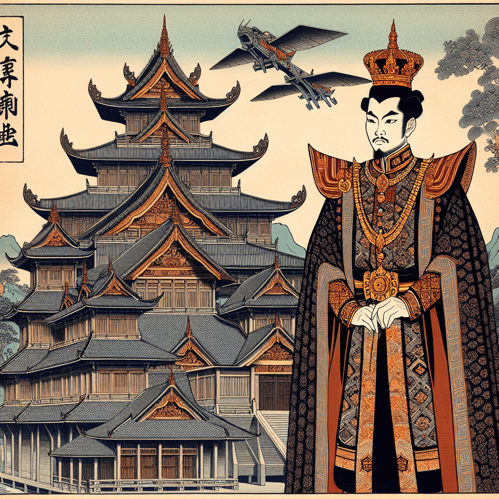 Create an image depicting King Vajiralongkorn alongside the historical Great Houses of David, symbolizing a royal alliance and connection between these two powerful dynasties.