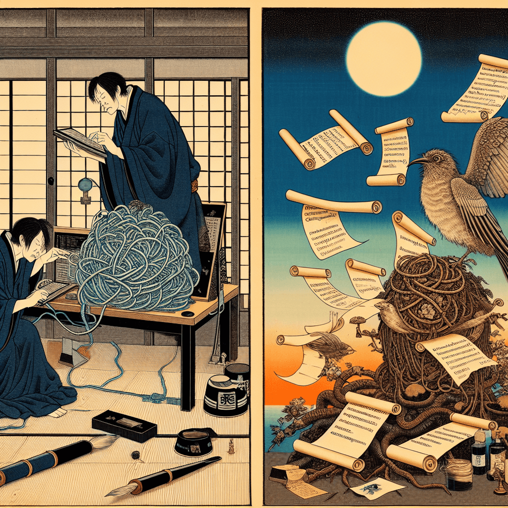 Create an image depicting a night of debugging, artistic creation, and receiving email notifications.