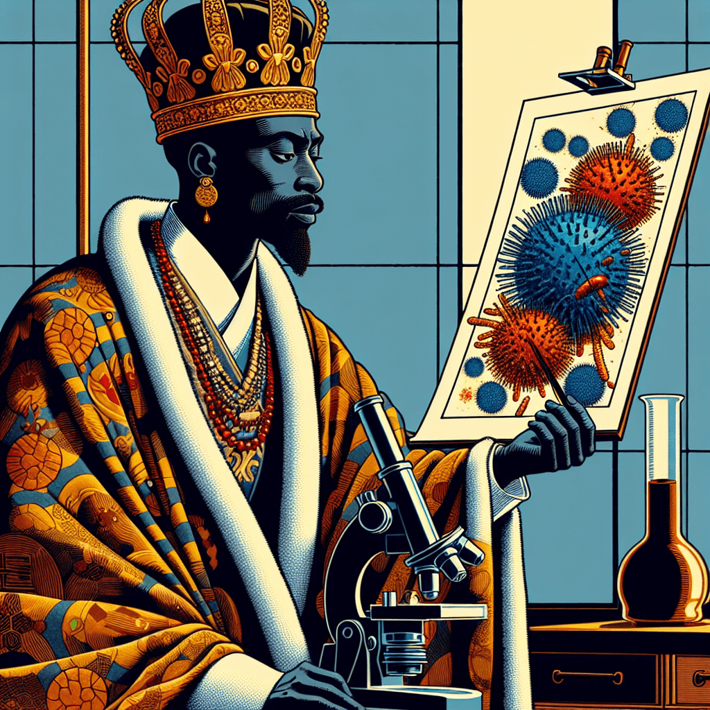 Create an image depicting King Mswati III of Eswatini engaged in a thoughtful study of T. gondii, highlighting a blend of regal and scientific elements.