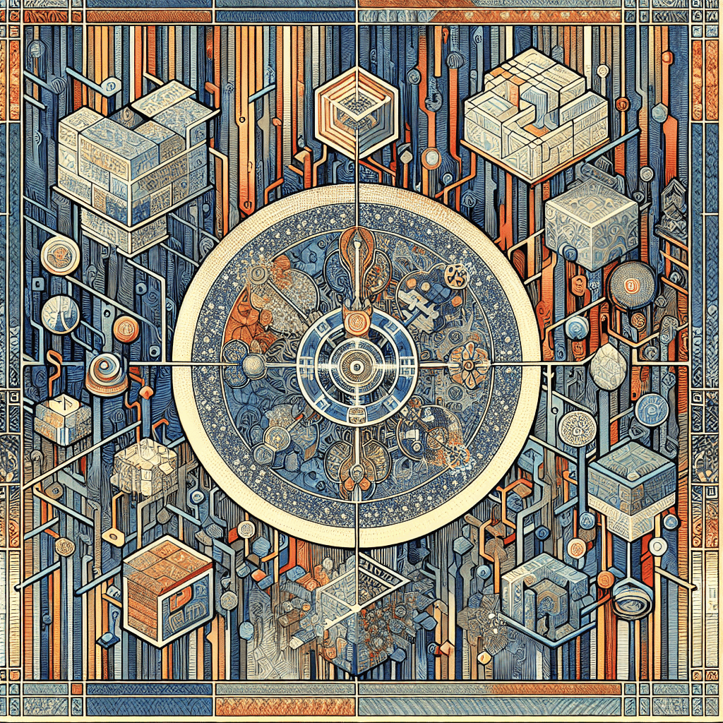Create an image that depicts the concept of power structures within a digital or crypto-themed setting, emphasizing themes of faith and recursion.