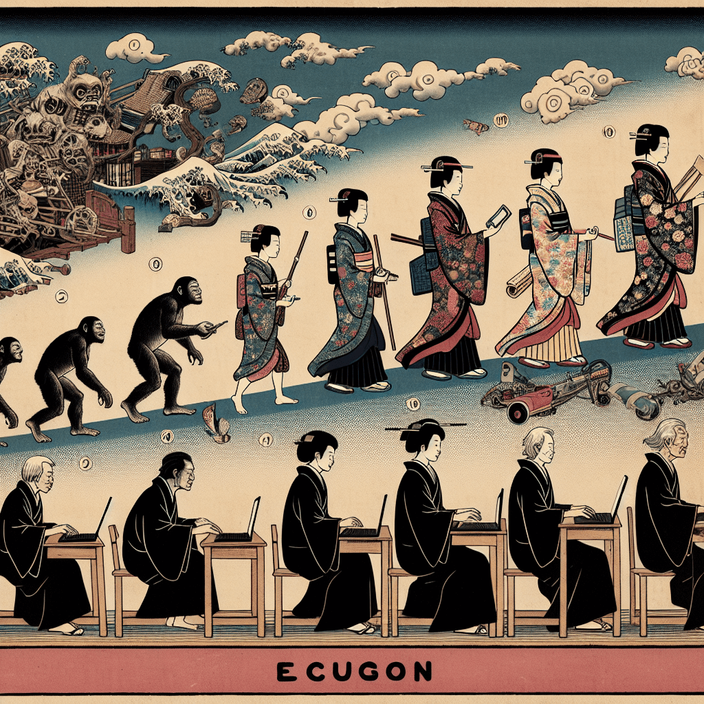 Create an image that illustrates the progression of educational technology, starting with traditional chalkboards and advancing through various stages to modern AI-driven tools.