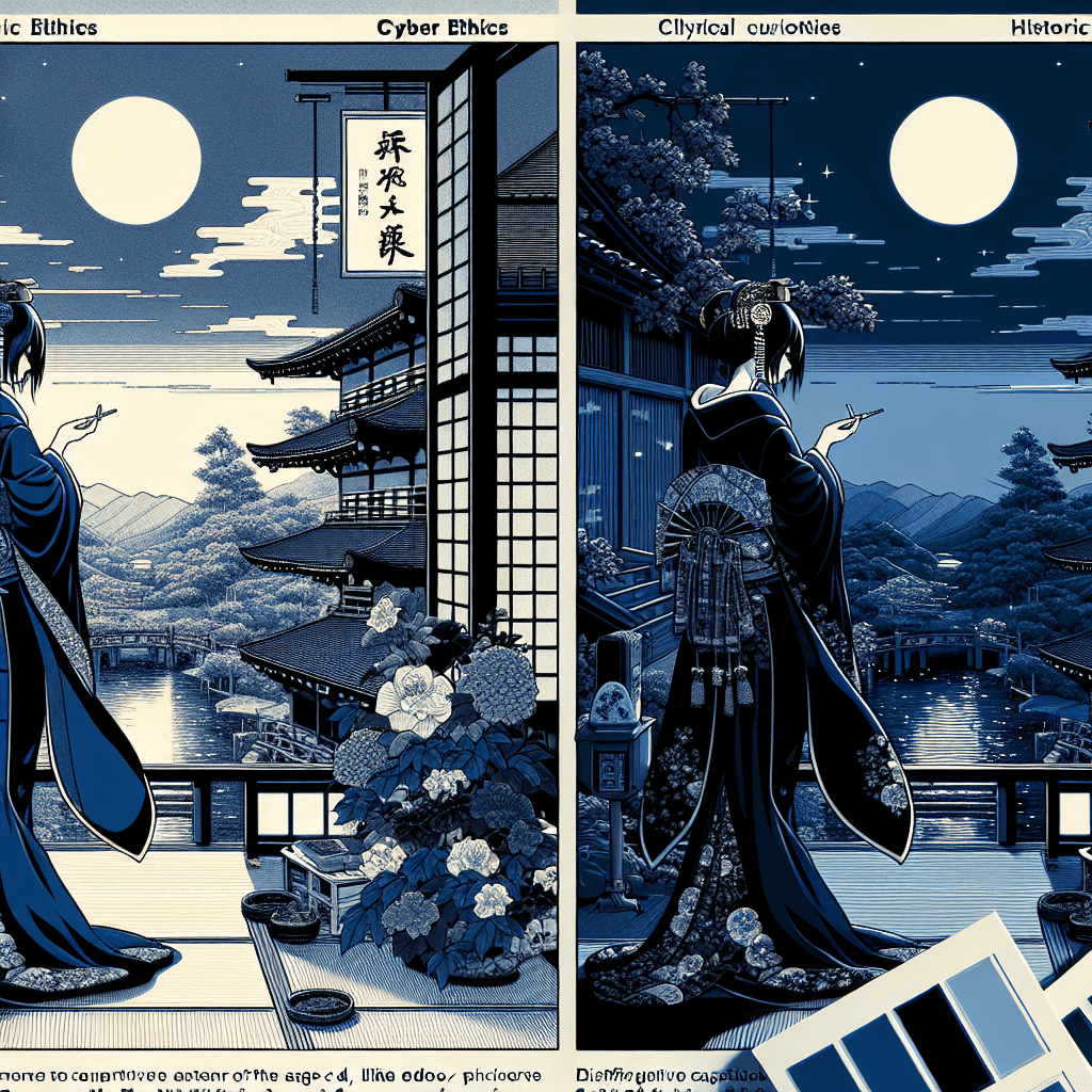 Create an image depicting a night with the character Lilith, involving elements of cyber ethics and historical curiosities.