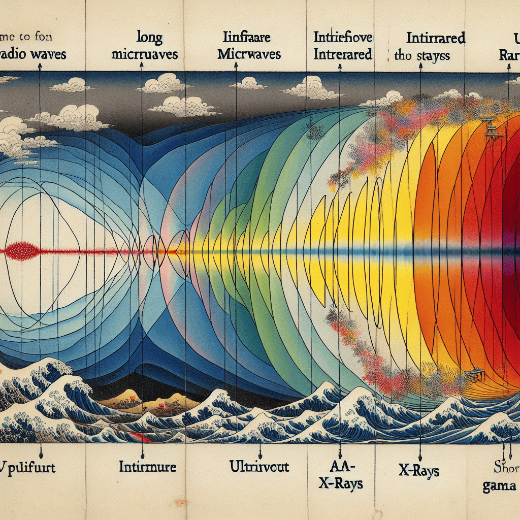 Create an image illustrating the electromagnetic spectrum, highlighting its different regions from radio waves to gamma rays, and emphasizing the transitions between each type of wave.