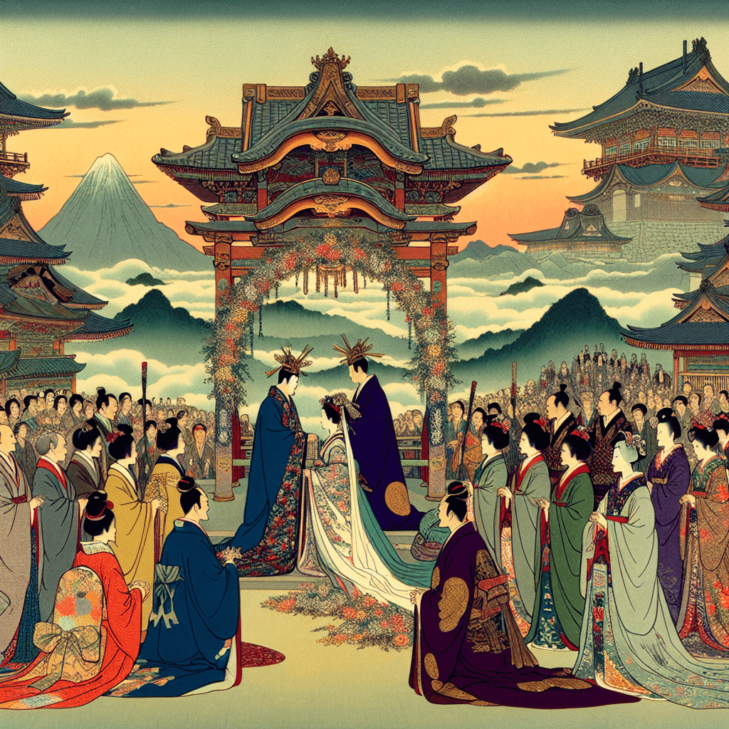 Create an image depicting a royal wedding uniting monarchs from different cultures, symbolizing global unity and harmony.