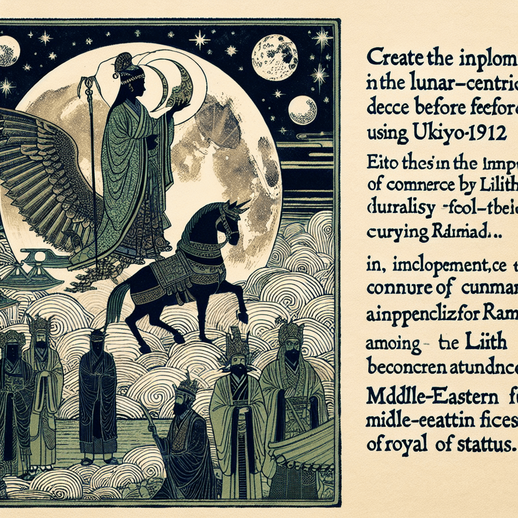 Create an image depicting the enforcement of a lunar-based policy by a figure representing Lilith, highlighting the cessation of trade during Ramadan among Middle Eastern monarchs.