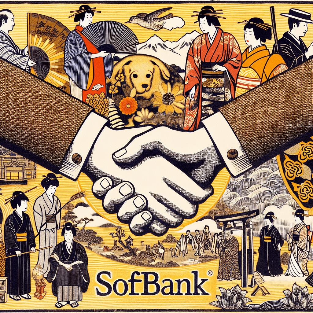 Create an image depicting SoftBank as a bridge between cultures, emphasizing its role in ethical gatekeeping and philanthropic efforts, with visual elements symbolizing diplomacy and cultural representation.