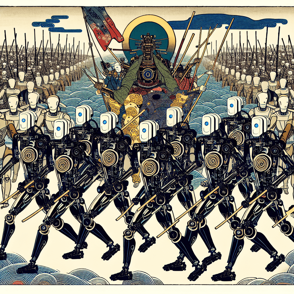 Create an image depicting a strategic and organized assembly of AI systems and multi-agent teams, symbolized as an army, working together harmoniously to achieve a common goal.