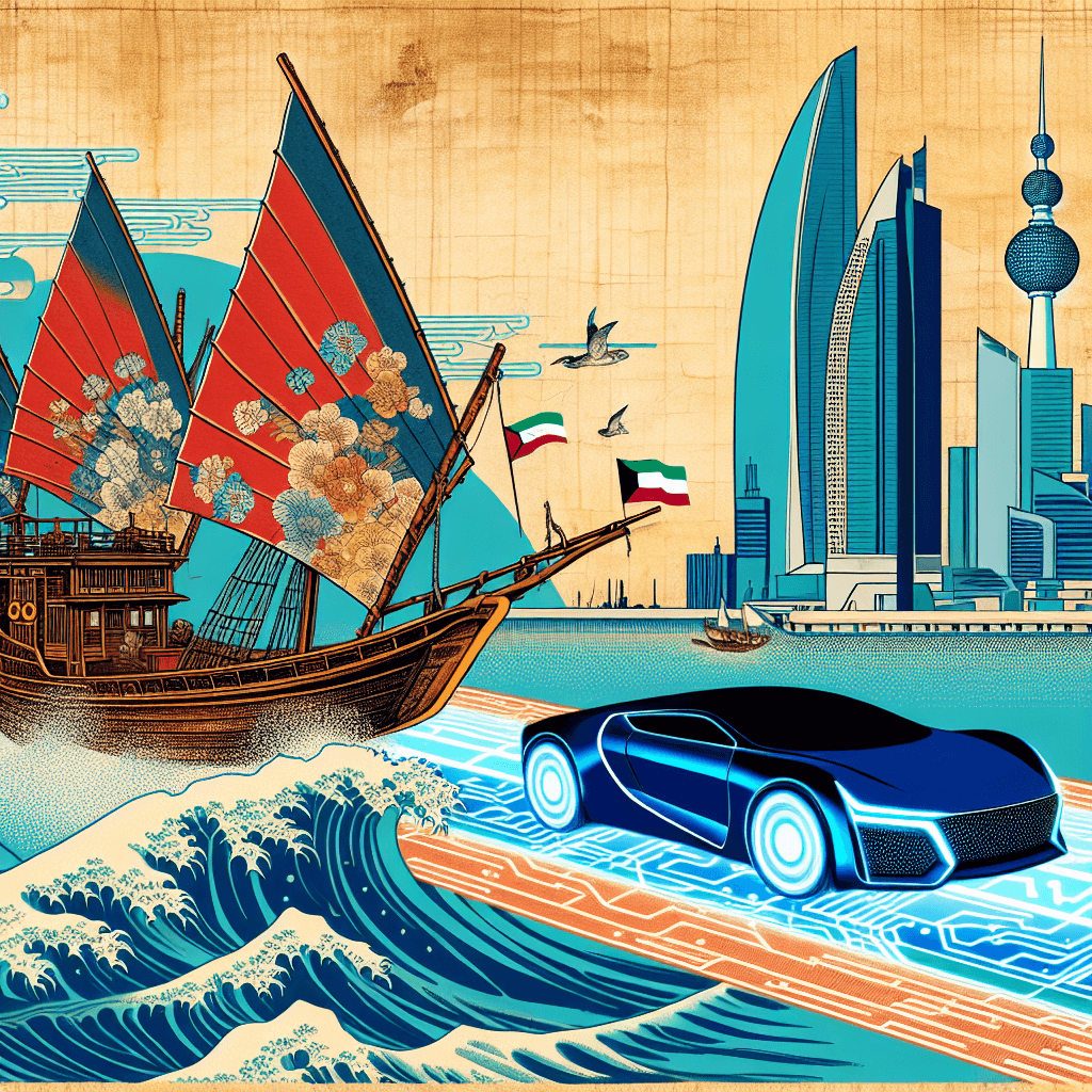 Create an image depicting a blend of traditional Kuwaiti dhows sailing alongside a futuristic, AI-enabled car navigating a digital pathway, symbolizing the fusion of heritage and modern technology.