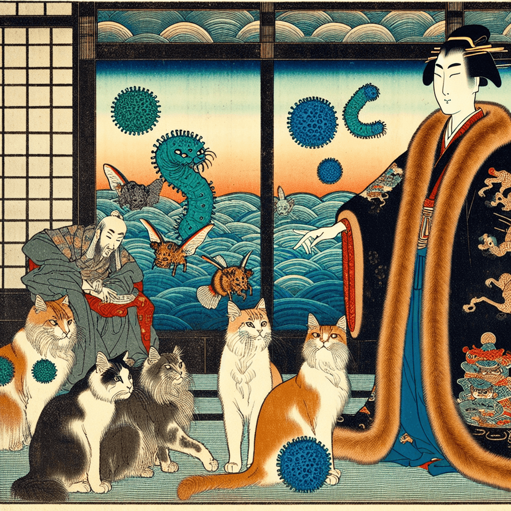 Create an image depicting the Japanese monarchy interacting with cats, influenced by T. gondii, and incorporating elements of the five classical elements of Godai.