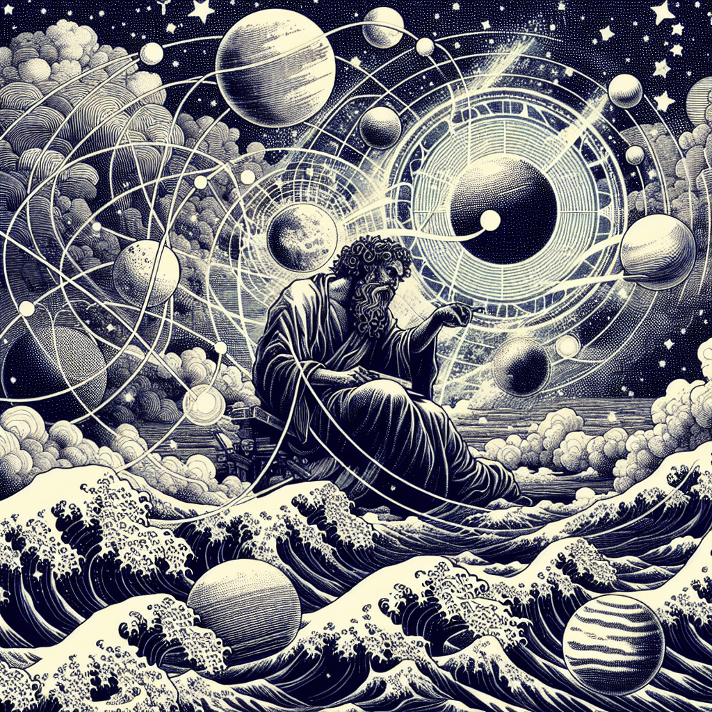 Create an image depicting Pythagoras surrounded by celestial bodies, illustrating the concept of the Harmony of the Spheres, where the planets and stars create a cosmic symphony through their movements.