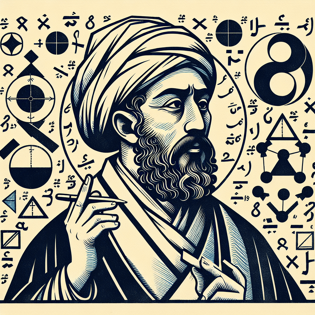 Create an image depicting Al-Khwarizmi surrounded by symbols of accounting, algebra, and modern ethics, illustrating his lasting impact across these fields.