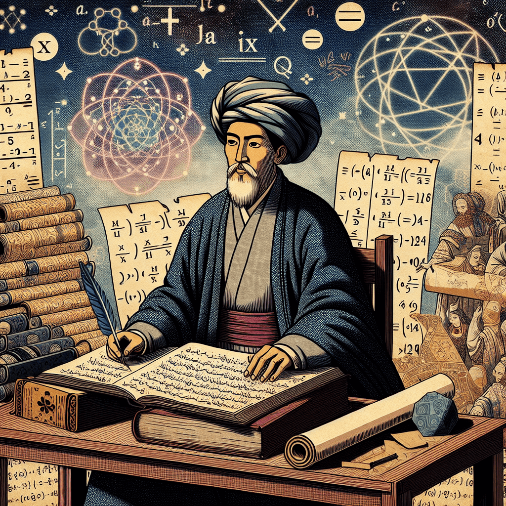 Create an image depicting Al-Khwarizmi in a historical setting, illustrating his role in bridging the worlds of algebra and Renaissance ledgers, symbolizing the fusion of mathematical innovation and financial record-keeping.