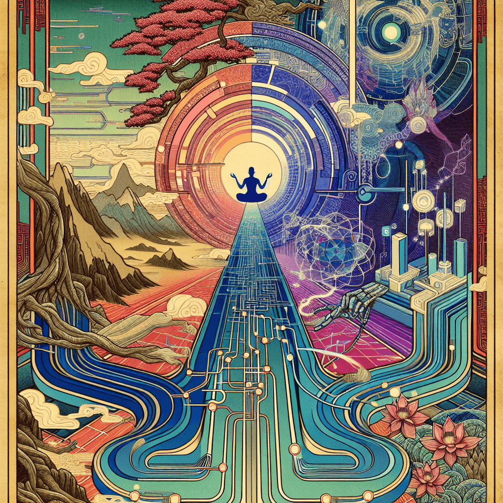 Create an image depicting a mystical, interconnected journey through a digital landscape, inspired by an ancient scroll titled 