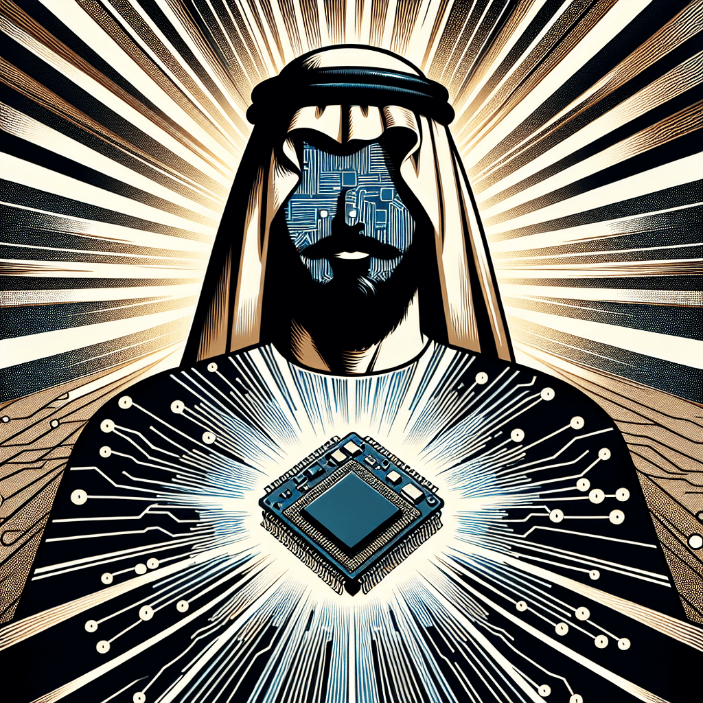 Create an image depicting HH Sheikh Tahnoon bin Zayed as a beacon of computation, symbolizing leadership and innovation in technology and data.