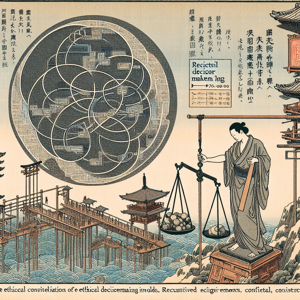 Create an image depicting the concept of recursive decision-making in AI, illustrating the ethical considerations and the idea of 