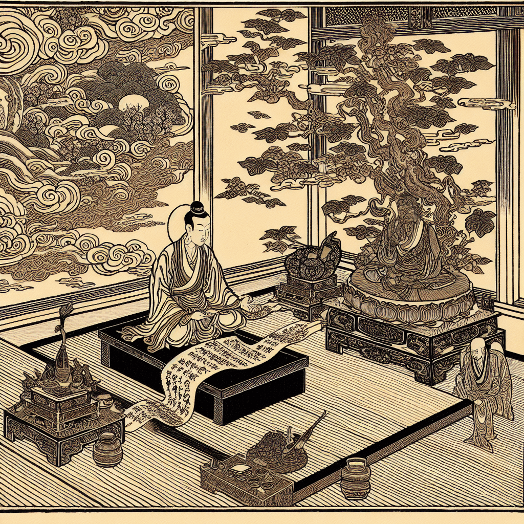 Create an image depicting a traditional Chan Buddhist scroll, emphasizing the elements of ritual, reading, and execution within its design and presentation.