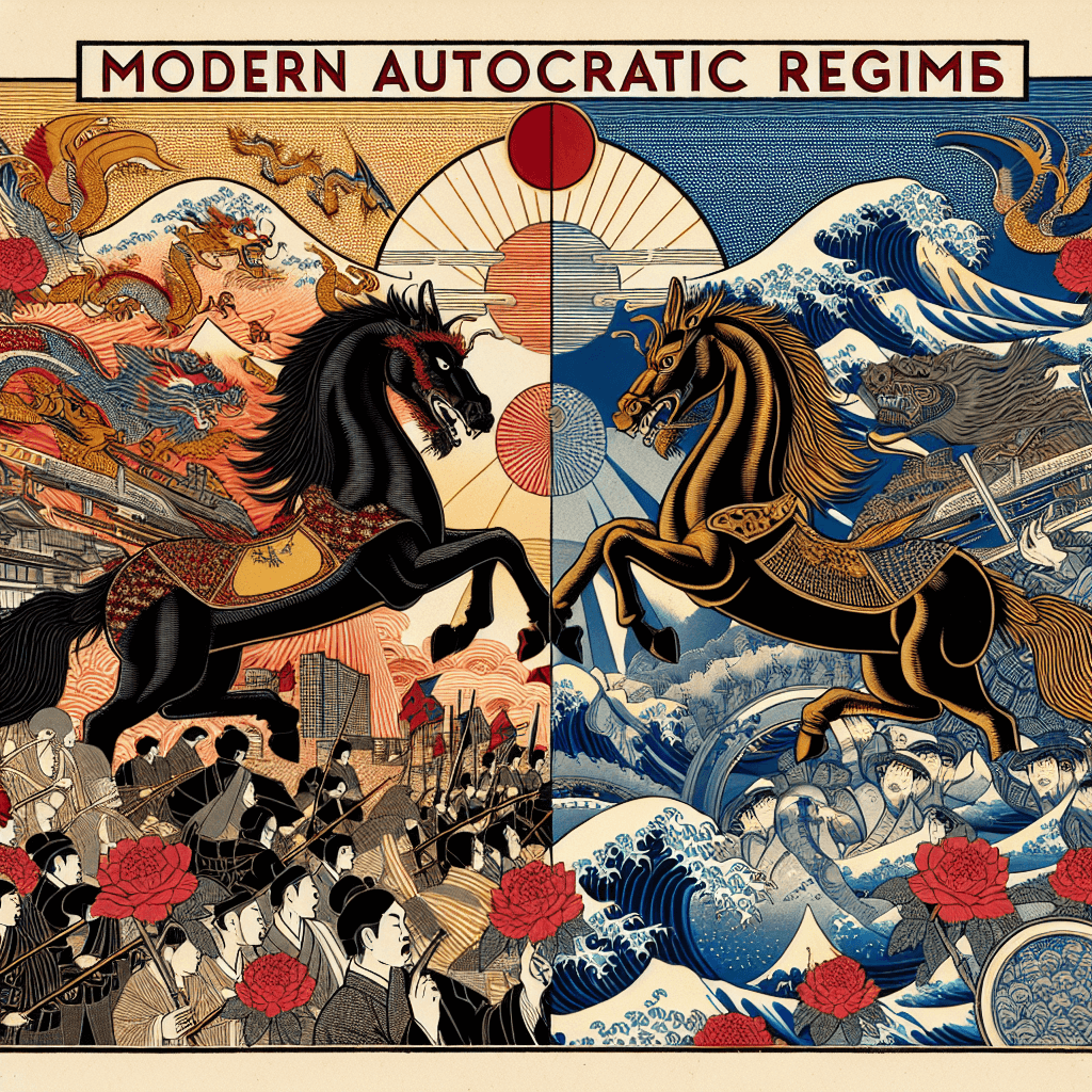 Create an image depicting the dual nature of modern autocratic regimes, highlighting the contrast between economic prosperity and political oppression.