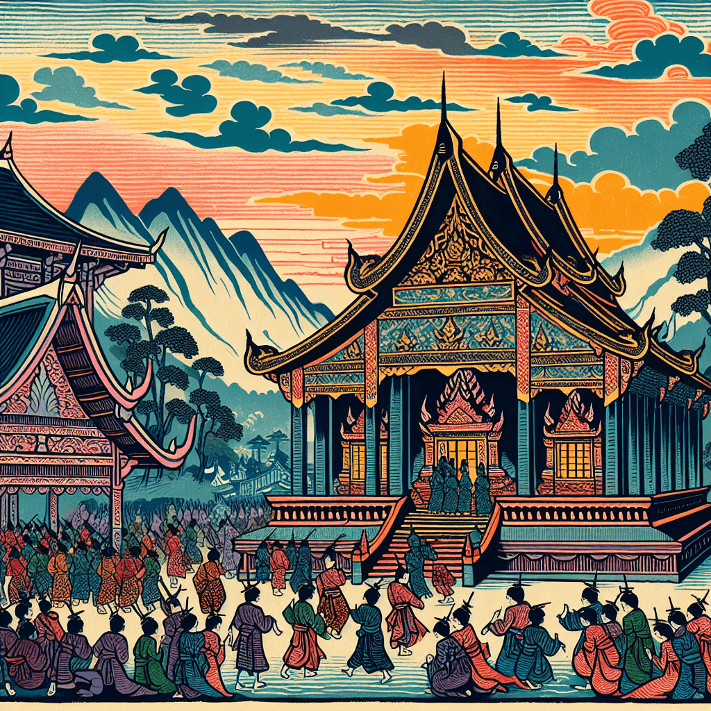 Create an image depicting the vibrant cultural practices of Thailand, showcasing traditional Thai architecture, colorful festivals, and the rich heritage of its people.