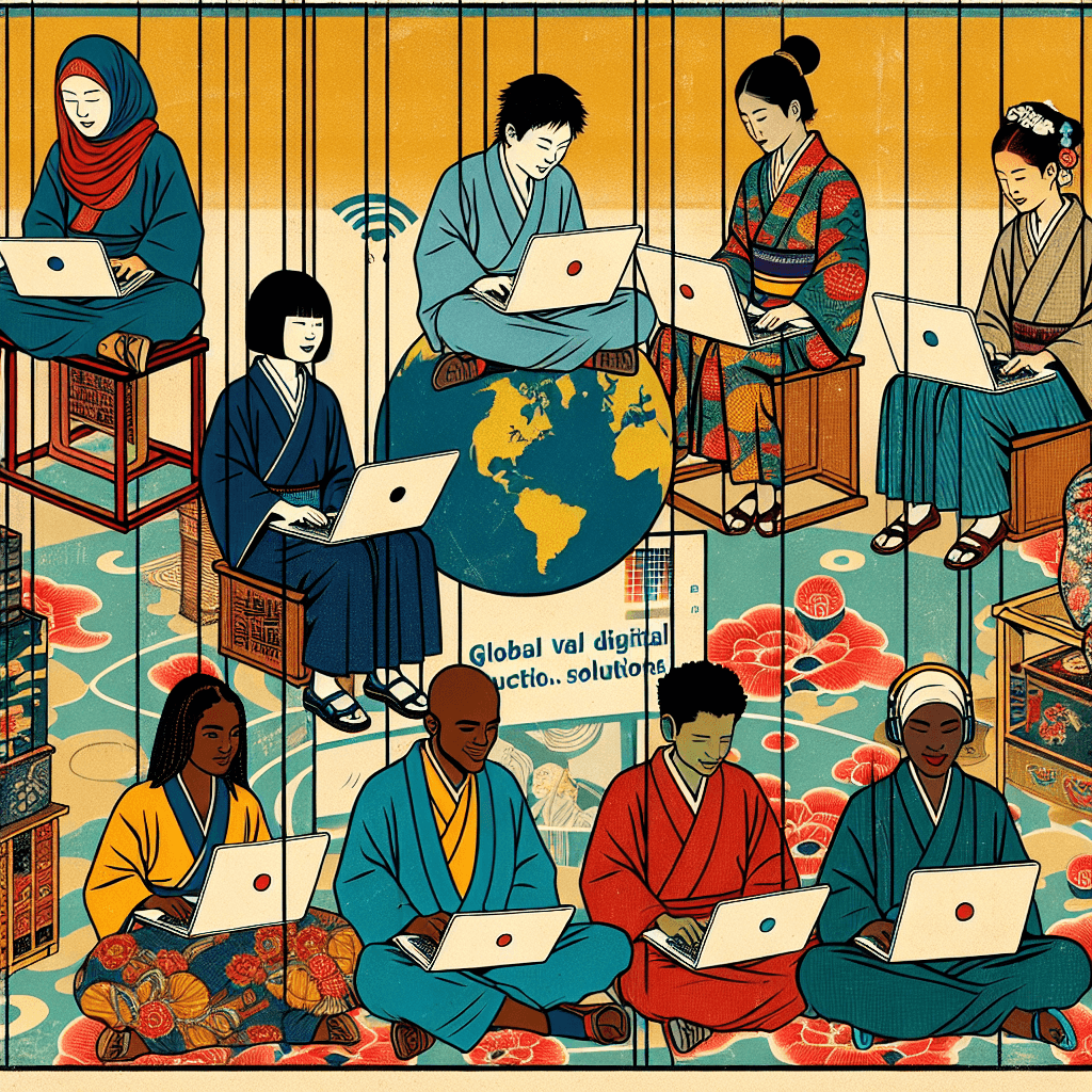Create an image depicting the vast reach and impact of global digital education solutions, illustrating diverse learners around the world connected through technology.