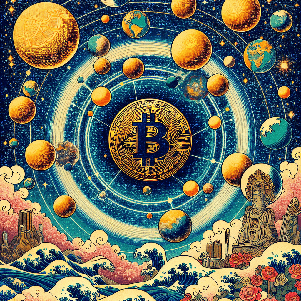 Design an image depicting Bitcoin as the foundational element of the cryptocurrency world, akin to Earth in our solar system.