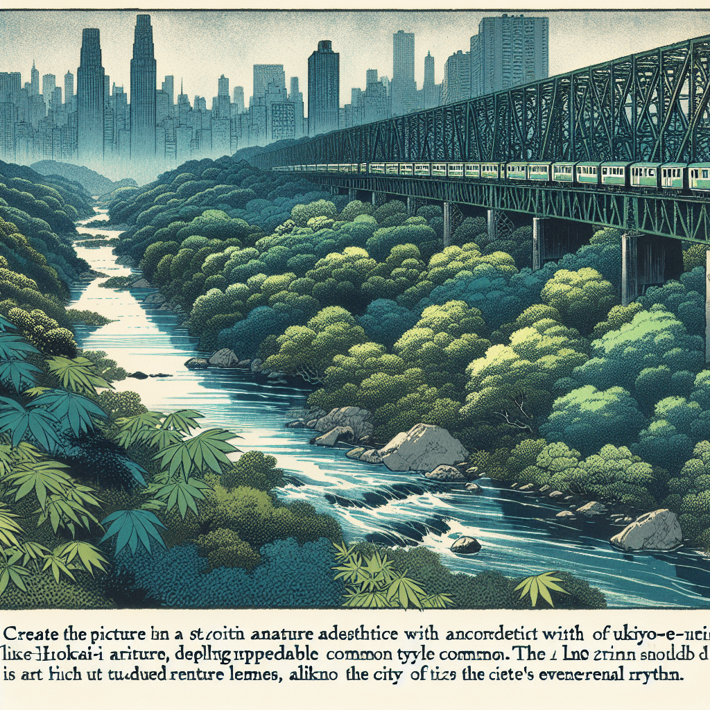 Create an image depicting an urban nature adventure along the Bronx River, highlighting the juxtaposition of lush greenery and city elements, with the 6 Line train visible in the background.