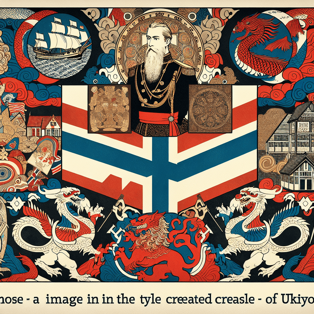 Create an image depicting King Harald V of Norway surrounded by symbolic elements representing the Great Houses of David, emphasizing a blend of regal heritage and historical lineage.