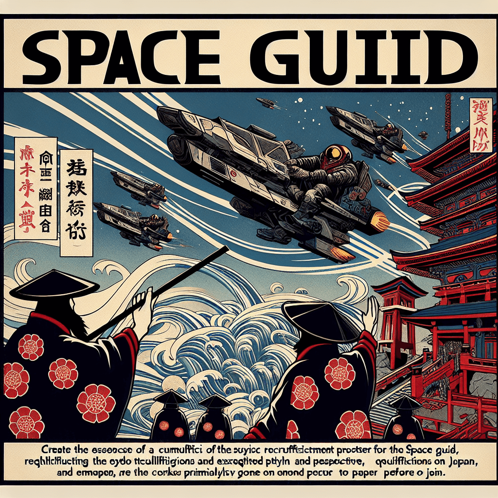 Create an image depicting a futuristic recruitment poster for the Space Guild, highlighting the qualifications and requirements needed to join.