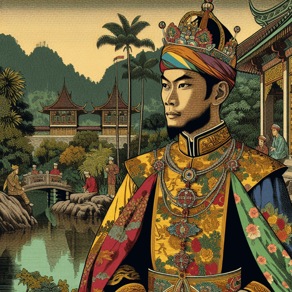 Create an image portraying Sultan Hassanal Bolkiah of Brunei, emphasizing his historical significance and reign, highlighting his royal attire and the cultural elements of Brunei.