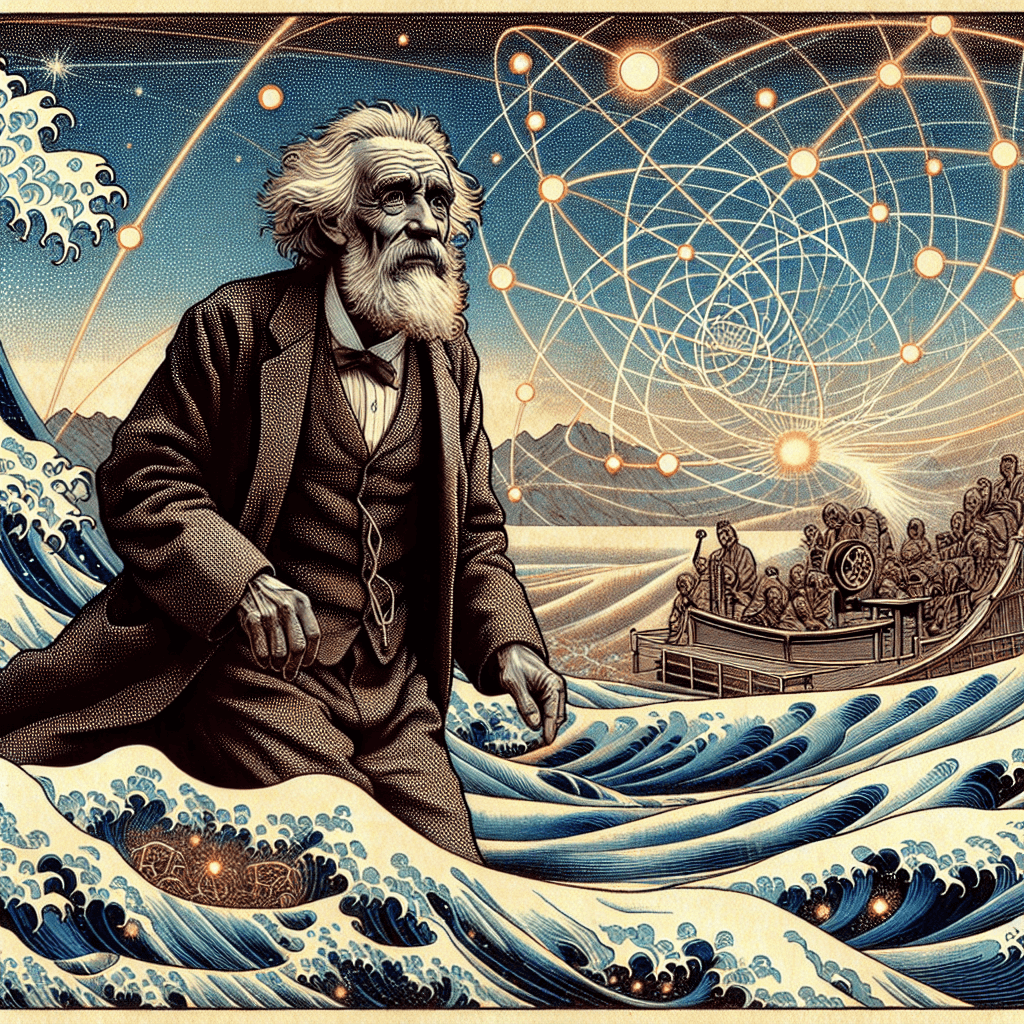 Create an image of Niels Bohr, the pioneering physicist, navigating through a cosmic landscape filled with quantum particles and waves, symbolizing his groundbreaking contributions to quantum mechanics.