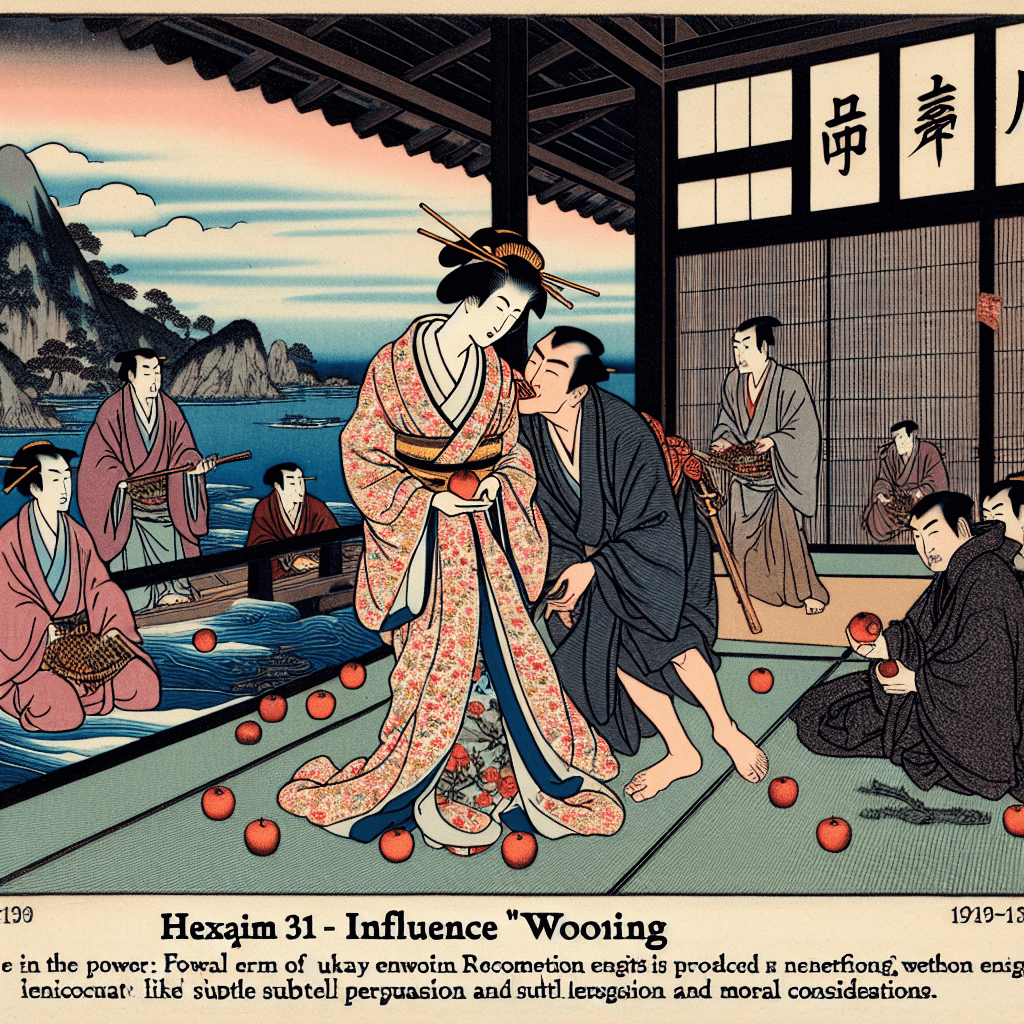 Create an image representing Hexagram 31 – Influence (Wooing), symbolizing the power and ethics of recommendation engines, with elements that convey subtle persuasion and moral considerations.