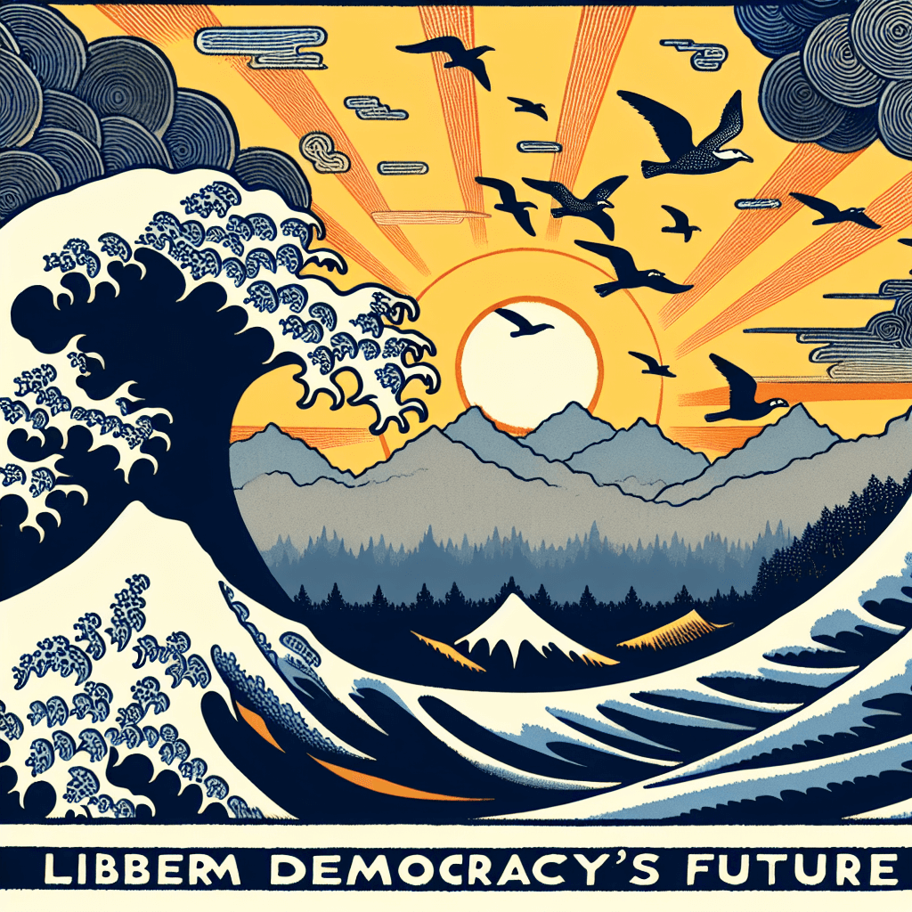 Create an image depicting the concept of liberal democracy's future, highlighting both the challenges it faces and the opportunities it can embrace.