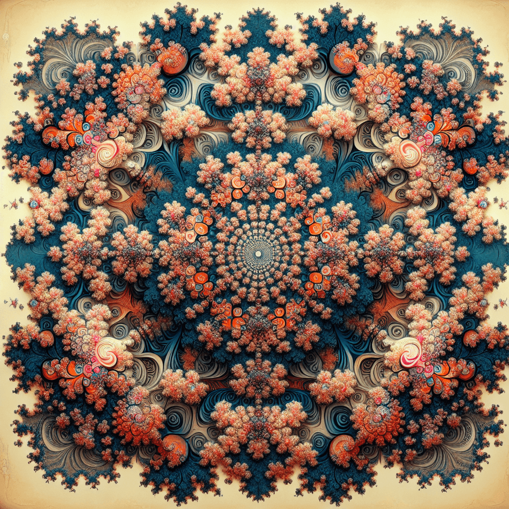 Create an image depicting fractal geometry, showcasing self-similarity across various scales, where intricate patterns repeat infinitely, capturing the essence of mathematical beauty.