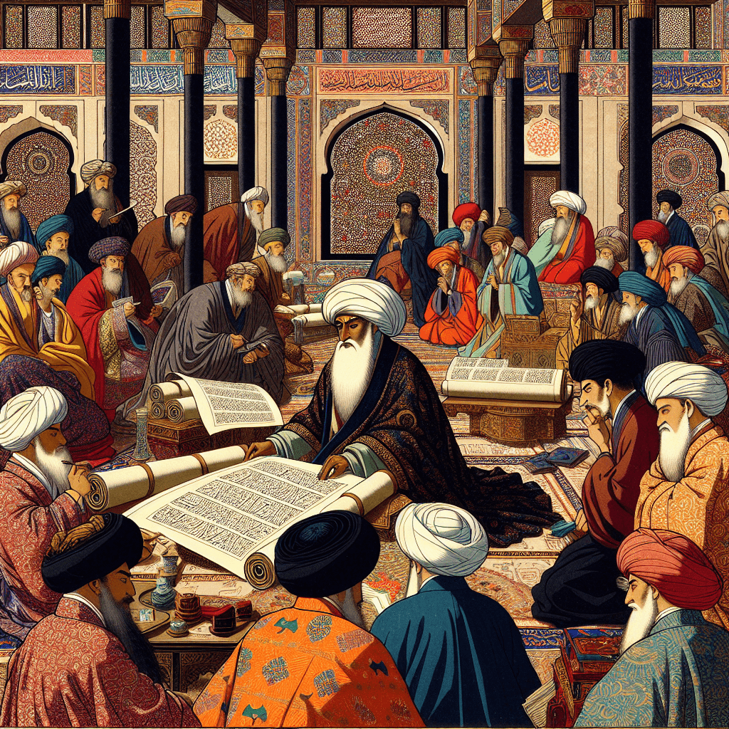 Create an image depicting Al-Khwarizmi, a prominent mathematician, navigating the intricate courtly politics of the Abbasid court, surrounded by scholars and officials in a grand, opulent setting.
