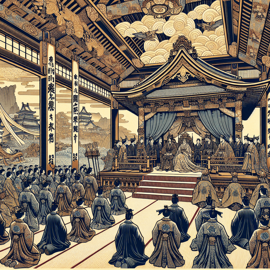 Create an image depicting a royal wedding ceremony set in a grand historical setting, symbolizing the union as a strategic alliance between two nations.