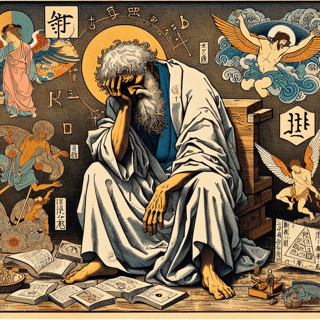 Create an image depicting David in a state of lament, surrounded by religious symbols and theological elements.